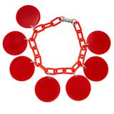 Vintage MOD Red Galalith Disk Charm Bracelet on Plastic Chain – Geometric Statement – Rare collectible vintage item 