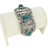 Vintage Ethnographic White Metal Bracelet Green Aventurine Cabochons Filigree – Collectible vintage item