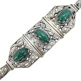Vintage Ethnographic White Metal Bracelet Green Aventurine Cabochons Filigree – Collectible vintage item