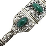 Vintage Ethnographic White Metal Bracelet Green Aventurine Cabochons Filigree – Collectible vintage item