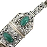 Vintage Ethnographic White Metal Bracelet Green Aventurine Cabochons Filigree – Collectible vintage item