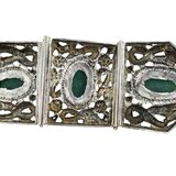 Vintage Ethnographic White Metal Bracelet Green Aventurine Cabochons Filigree – Collectible vintage item