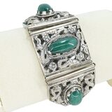 Vintage Ethnographic White Metal Bracelet Green Aventurine Cabochons Filigree – Collectible vintage item
