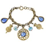 Vintage 1950s Gold Tone Blue Glass Bracelet Regal Garter Charms Germany – Rare Vintage Item