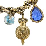 Vintage 1950s Gold Tone Blue Glass Bracelet Regal Garter Charms Germany – Rare Vintage Item