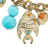 Mid Century Charm Bracelet Nautical Fishes Shells Lucite Coral And Turquoise Motifs – Vintage item