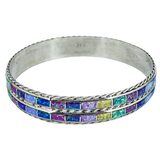 Jessica Chavez JPC Zuni Sterling Silver Double Row Multicolor Inlay Bangle 34.5g – Collectible Item - Estate find