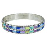 Jessica Chavez JPC Zuni Sterling Silver Double Row Multicolor Inlay Bangle 34.5g – Collectible Item - Estate find