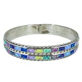 Jessica Chavez JPC Zuni Sterling Silver Double Row Multicolor Inlay Bangle 34.5g – Collectible Item - Estate find