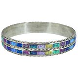 Jessica Chavez JPC Zuni Sterling Silver Double Row Multicolor Inlay Bangle 34.5g – Collectible Item - Estate find
