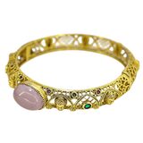 Vintage Hinged Bangle Buddha Motif Gilt Brass Lavender Cabochon Ethnographic Revival – Rare collectible vintage item 