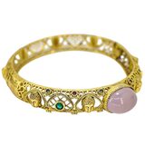 Vintage Hinged Bangle Buddha Motif Gilt Brass Lavender Cabochon Ethnographic Revival – Rare collectible vintage item 