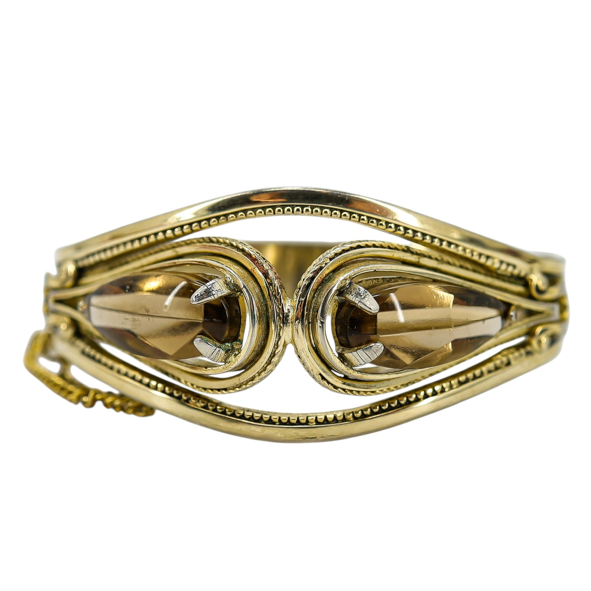 Vintage Antique ca 1920-40s Whiting & Davis Goldtone Hinged Bangle Bracelet Smoky Glass