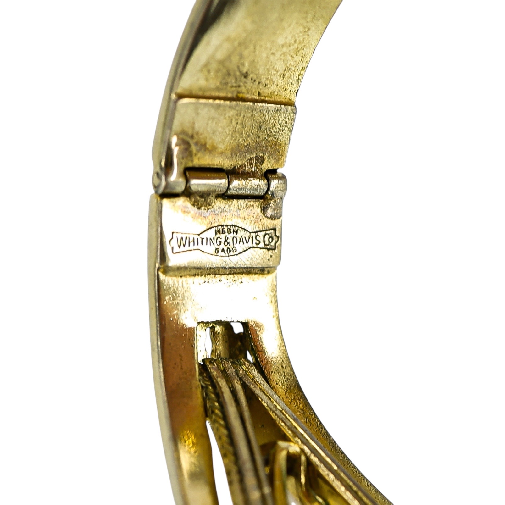 Vintage Antique ca 1920-40s Whiting & Davis Goldtone Hinged Bangle Bracelet Smoky Glass image 2