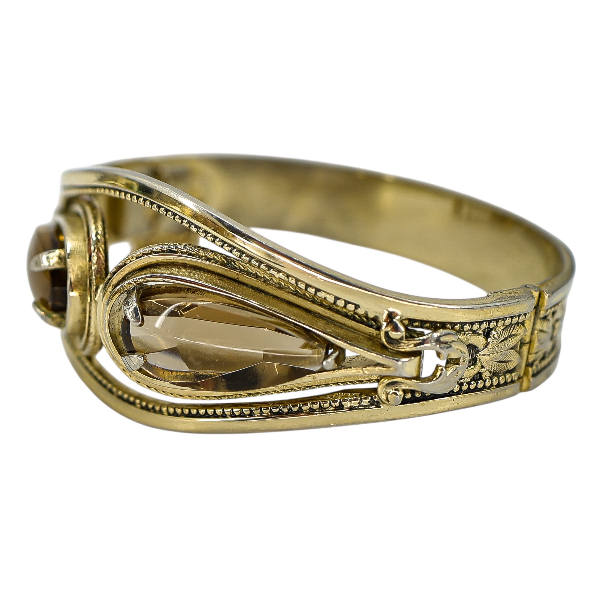 Vintage Antique ca 1920-40s Whiting & Davis Goldtone Hinged Bangle Bracelet Smoky Glass image 3