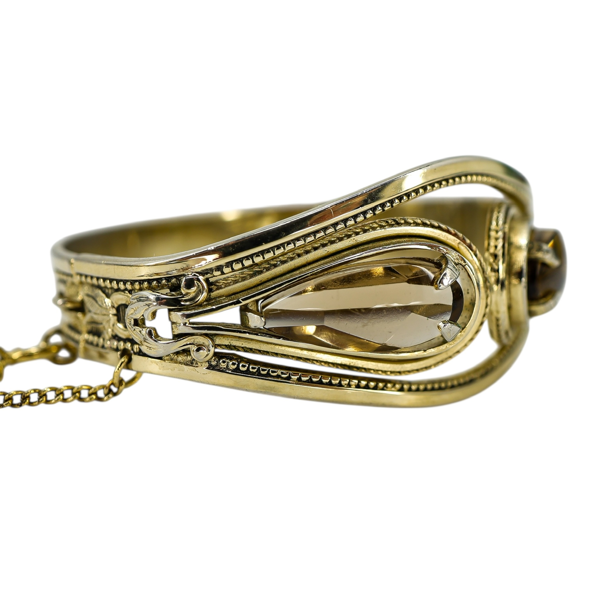 Vintage Antique ca 1920-40s Whiting & Davis Goldtone Hinged Bangle Bracelet Smoky Glass image 6