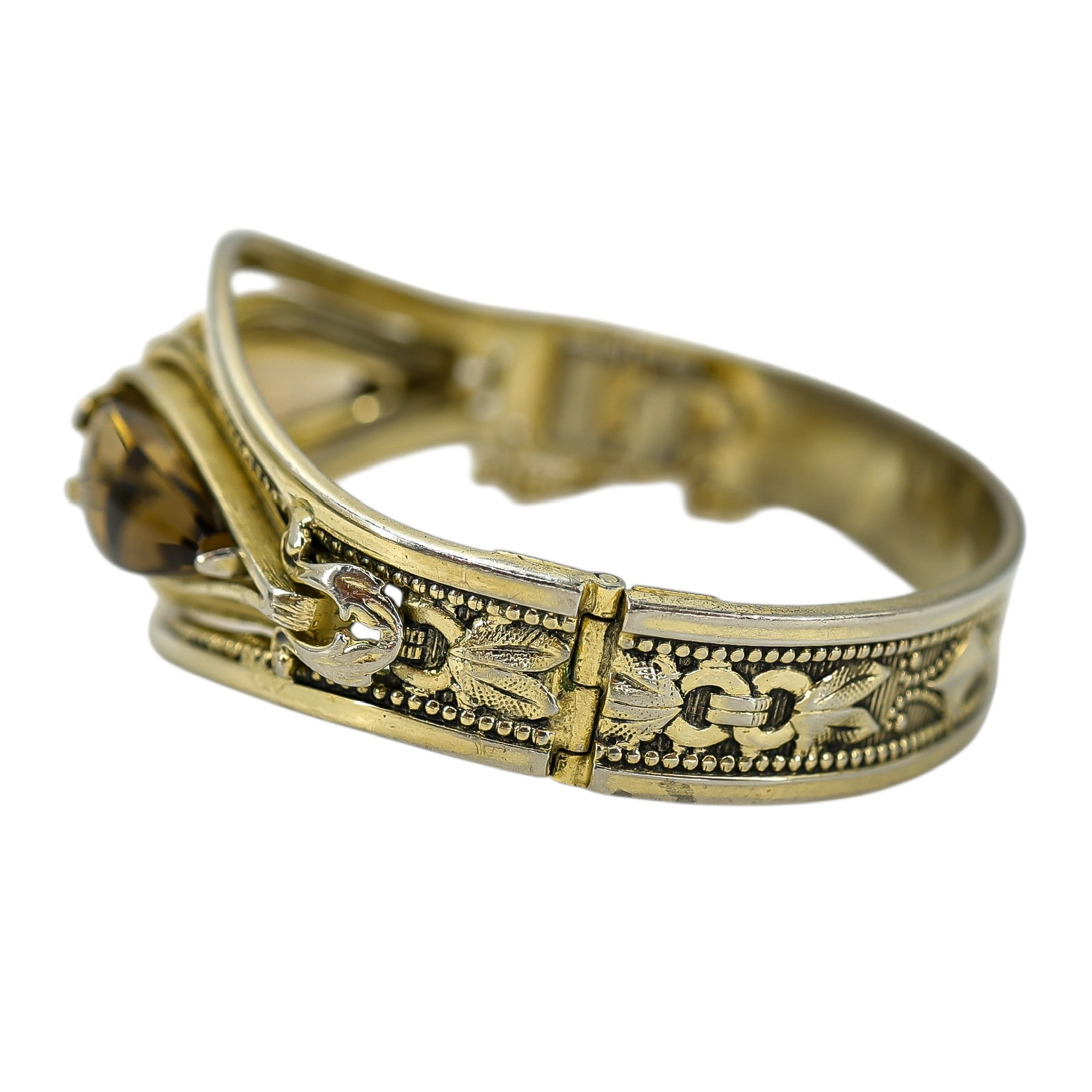Vintage Antique ca 1920-40s Whiting & Davis Goldtone Hinged Bangle Bracelet Smoky Glass image 10