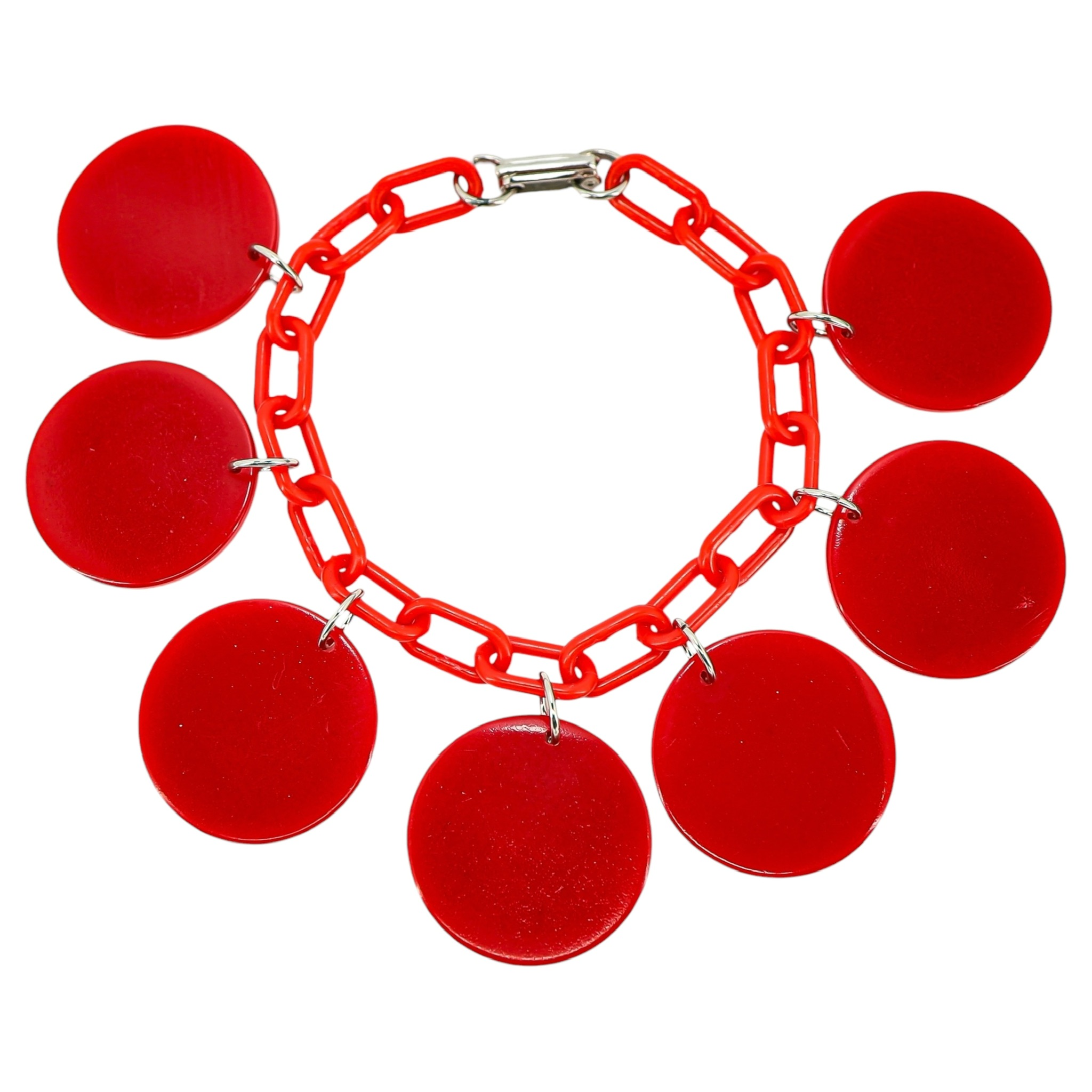 Vintage Red Galalith Disk Charm Bracelet on Plastic Chain – Mod Geometric Statement