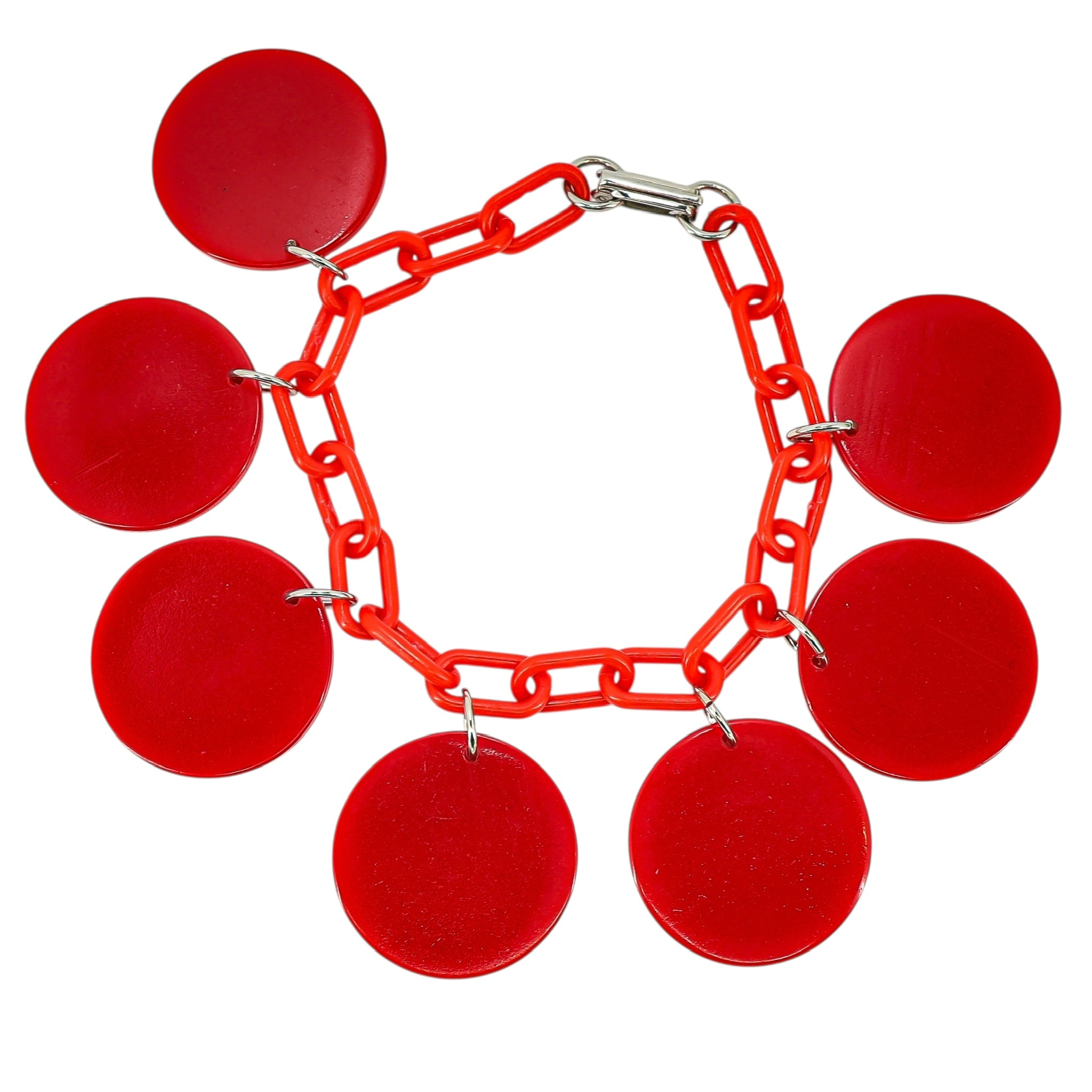 Vintage Red Galalith Disk Charm Bracelet on Plastic Chain – Mod Geometric Statement image 2