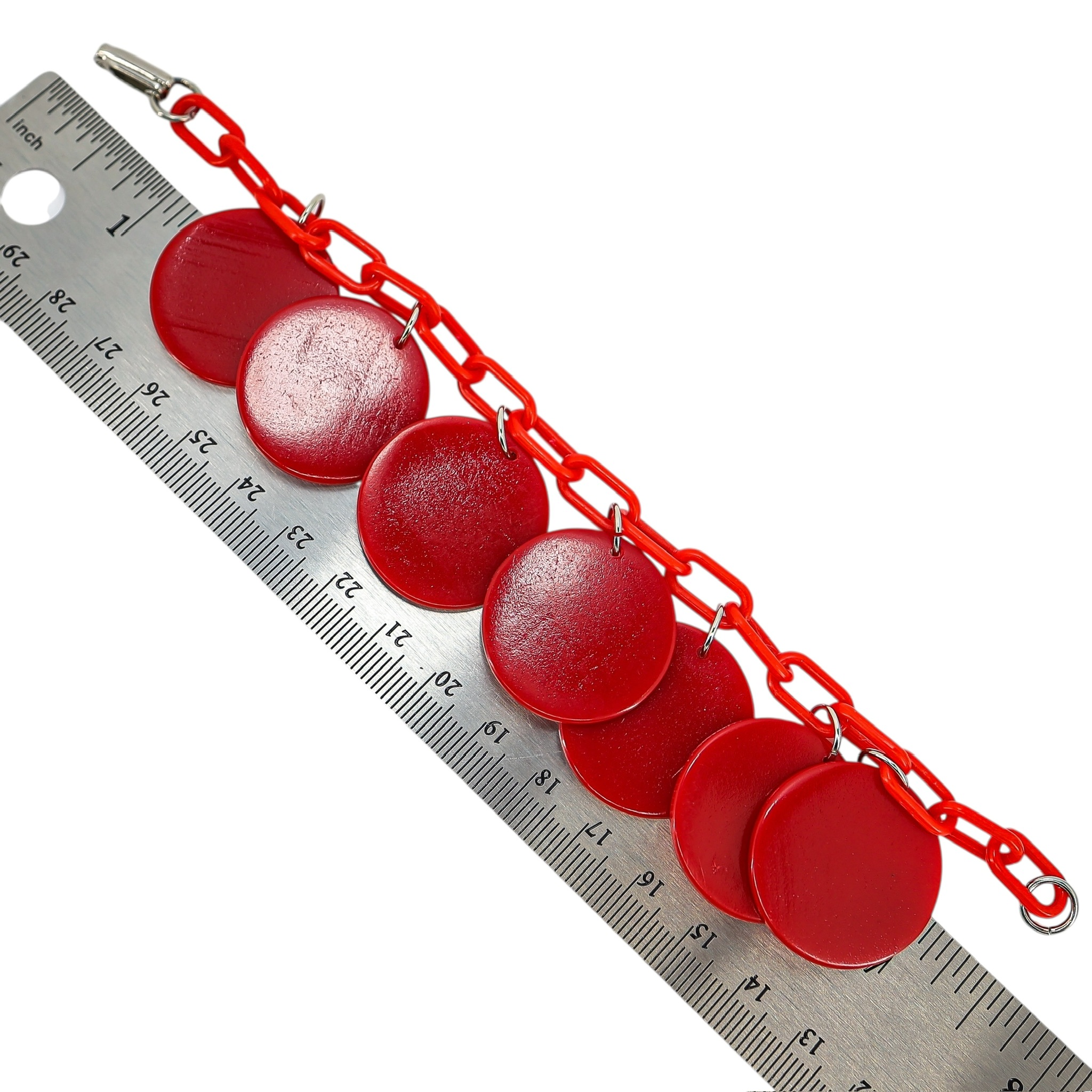 Vintage Red Galalith Disk Charm Bracelet on Plastic Chain – Mod Geometric Statement image 6