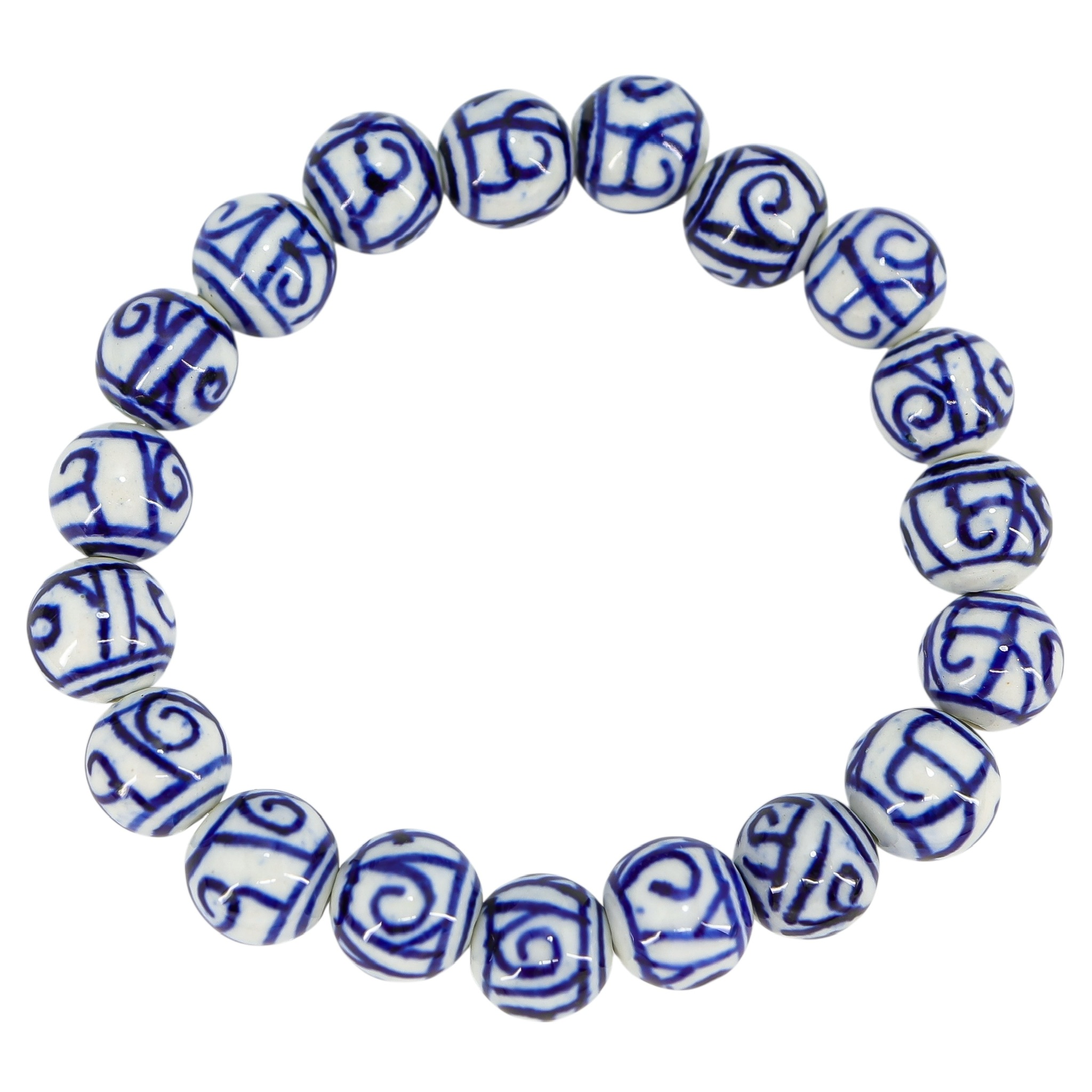 Abstract Scroll White Blue Hand Painted Porcelain Bead Bracelet