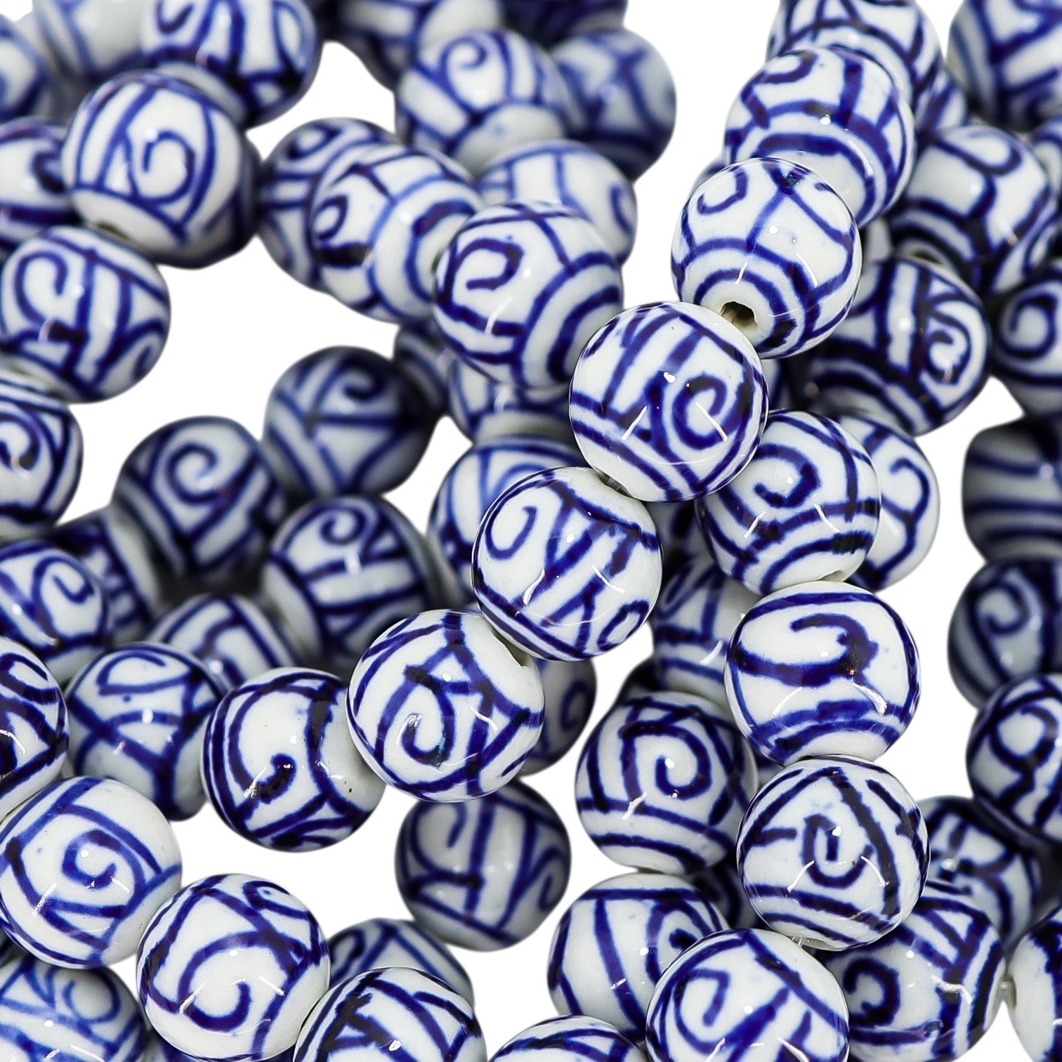 Abstract Scroll White Blue Hand Painted Porcelain Bead Bracelet image 2