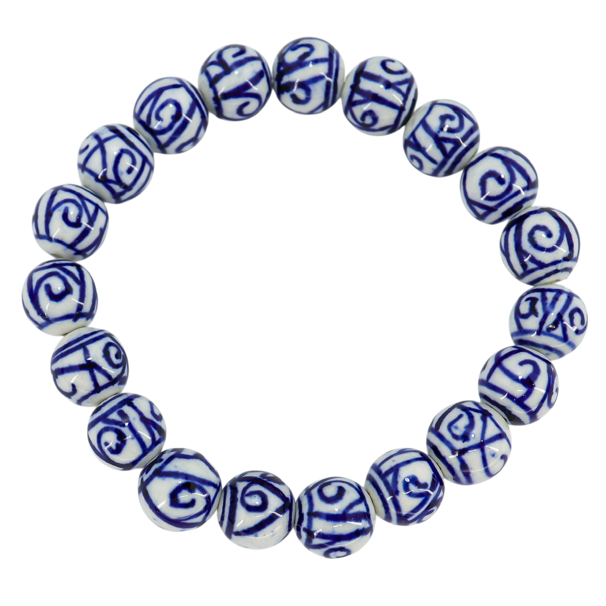 Abstract Scroll White Blue Hand Painted Porcelain Bead Bracelet image 3
