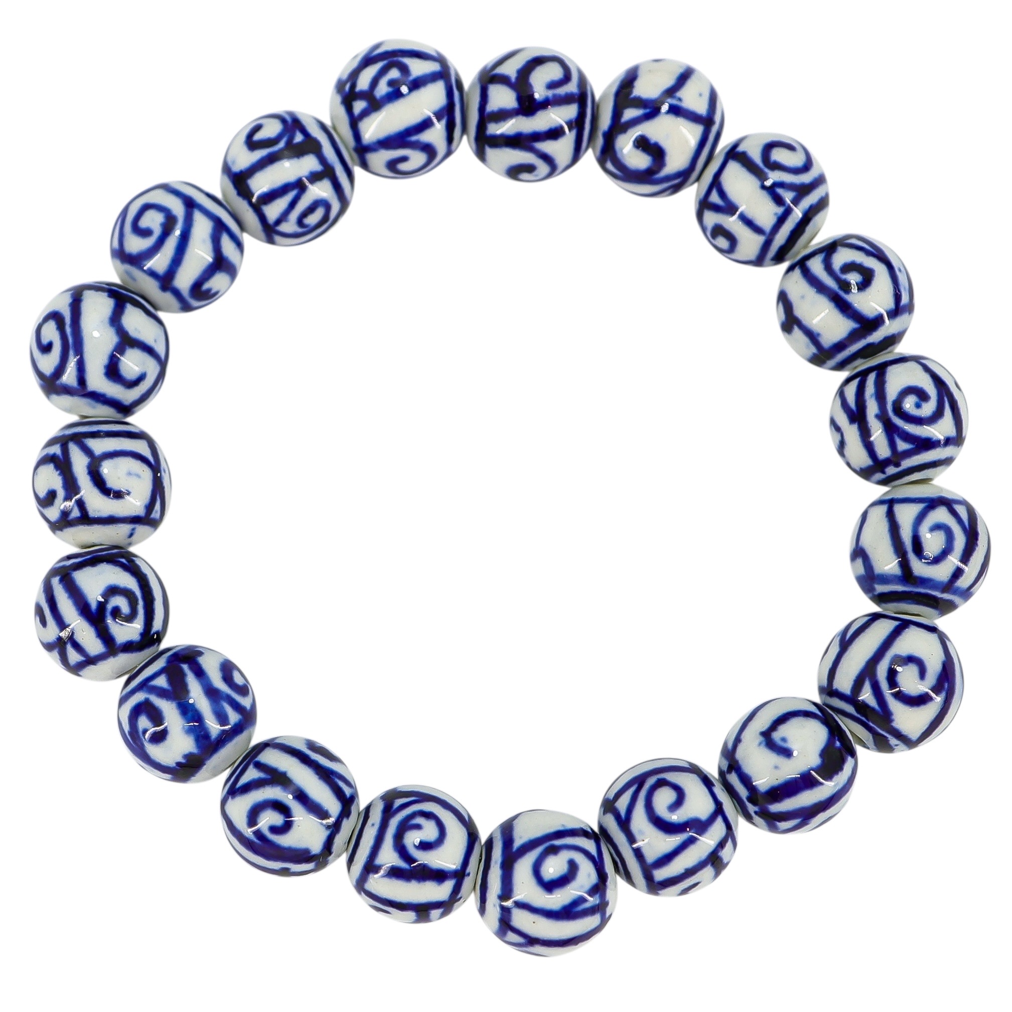 Abstract Scroll White Blue Hand Painted Porcelain Bead Bracelet image 4