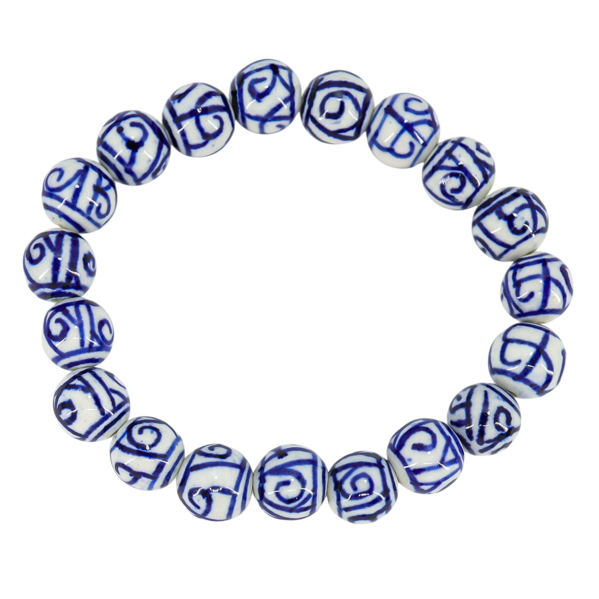 Abstract Scroll White Blue Hand Painted Porcelain Bead Bracelet image 5