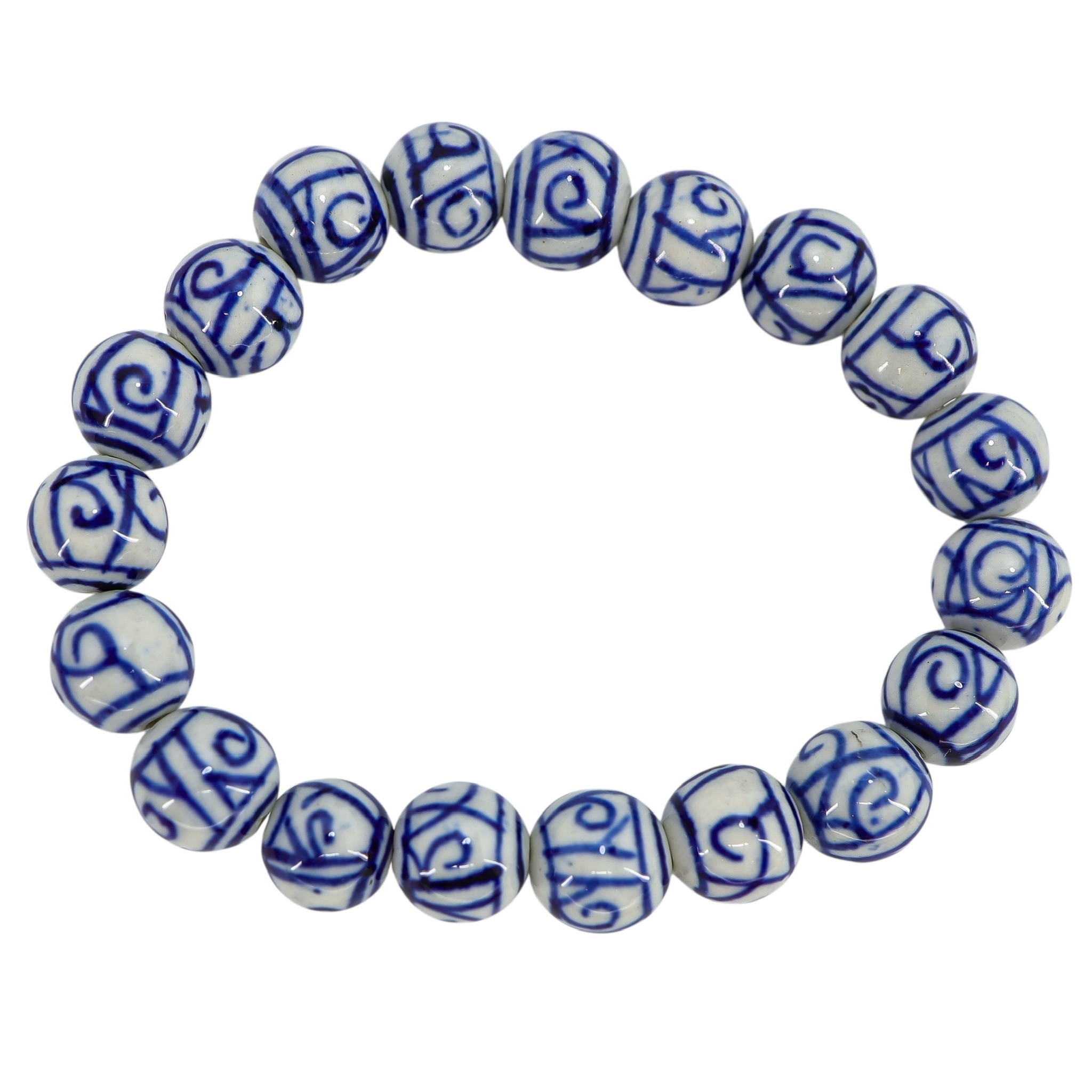 Abstract Scroll White Blue Hand Painted Porcelain Bead Bracelet image 6