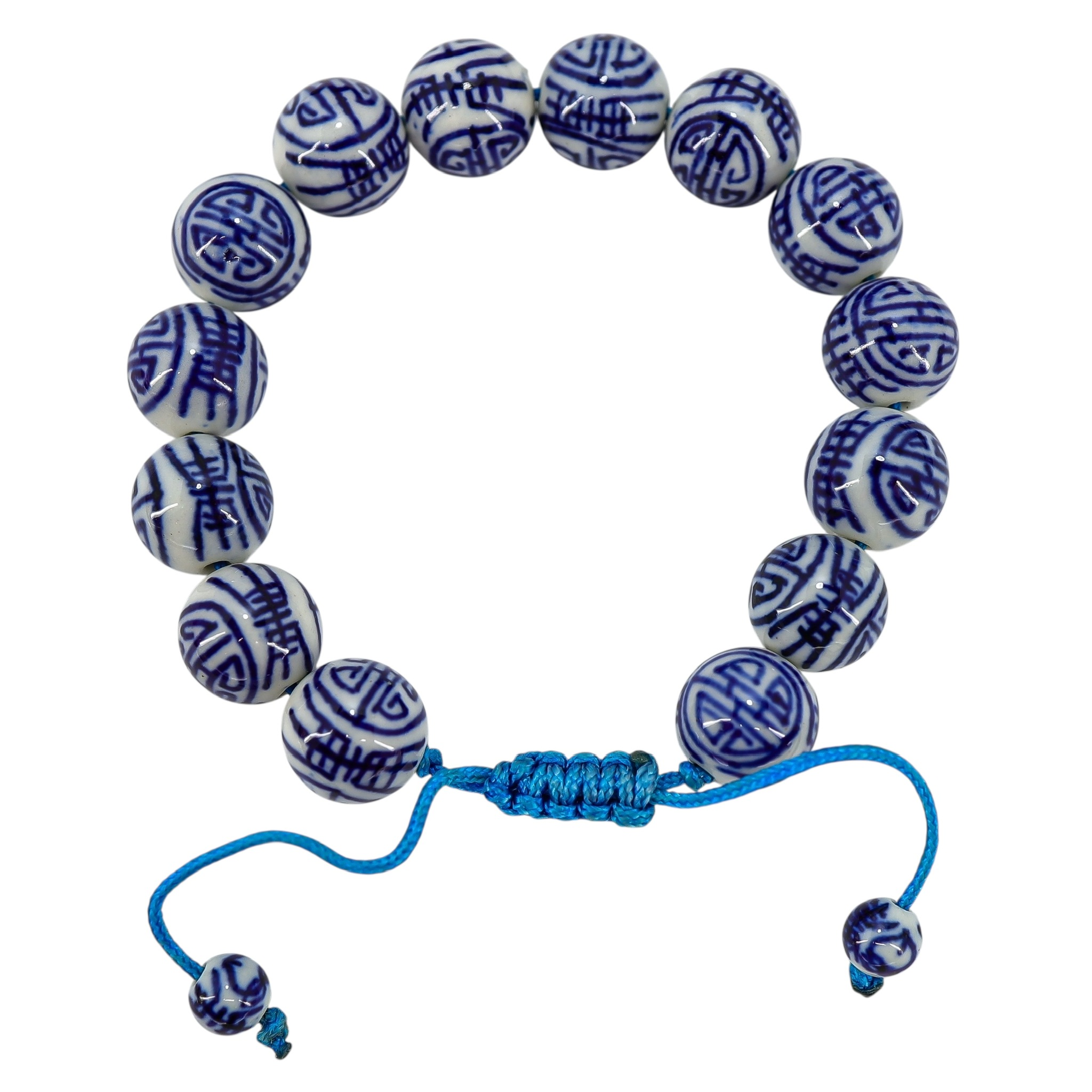 White & Blue Chinese Handpainted Porcelain Bead Bracelet, 12mm - Stylized Longevity Symbol