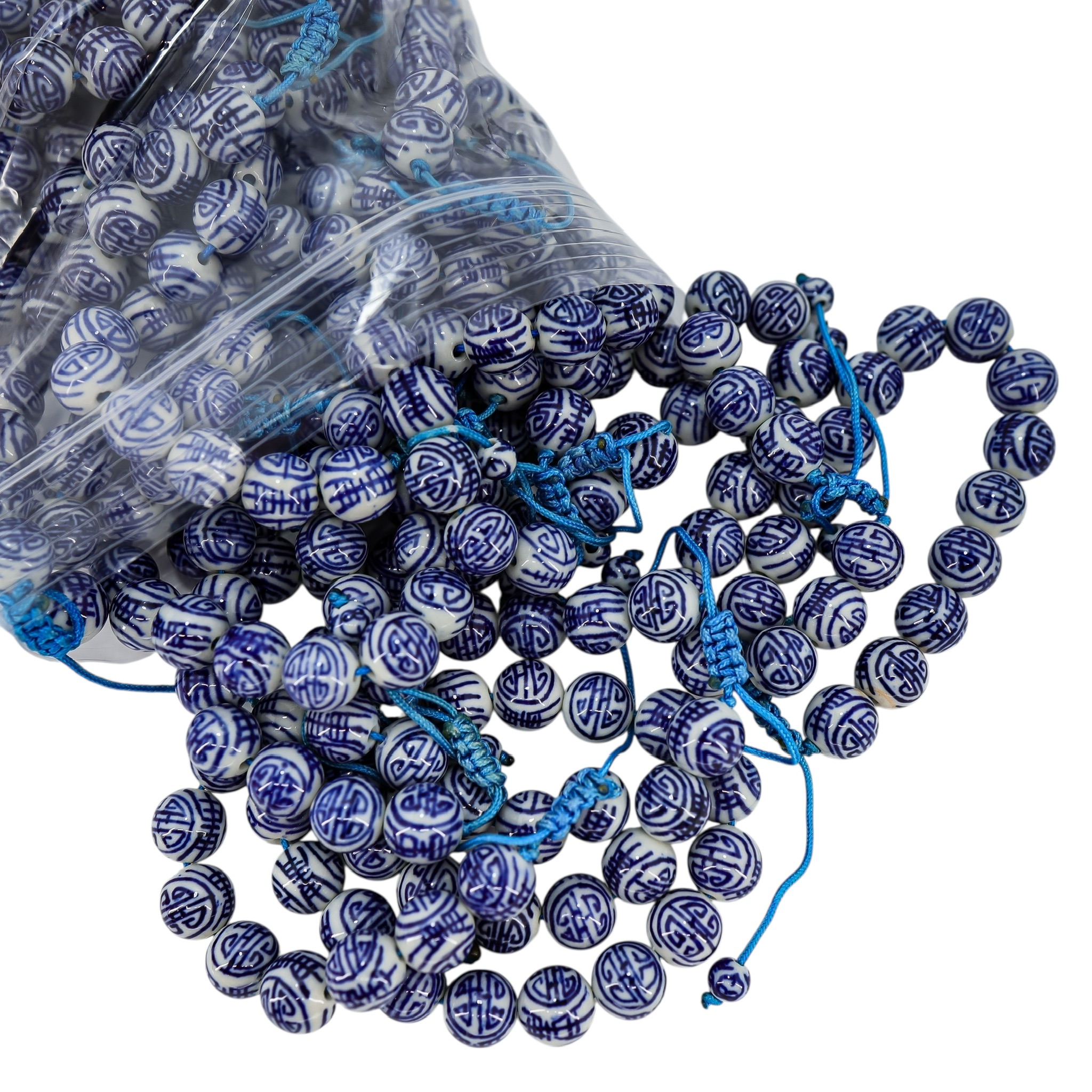 White & Blue Chinese Handpainted Porcelain Bead Bracelet, 12mm - Stylized Longevity Symbol image 2