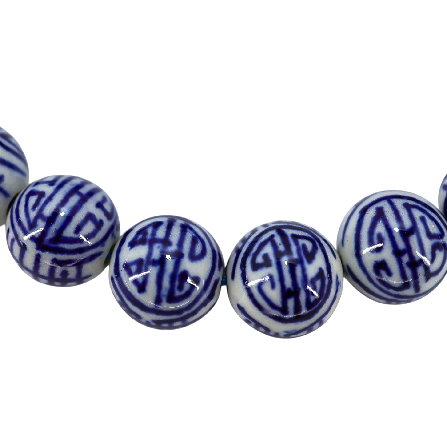 White & Blue Chinese Handpainted Porcelain Bead Bracelet, 12mm - Stylized Longevity Symbol image 4