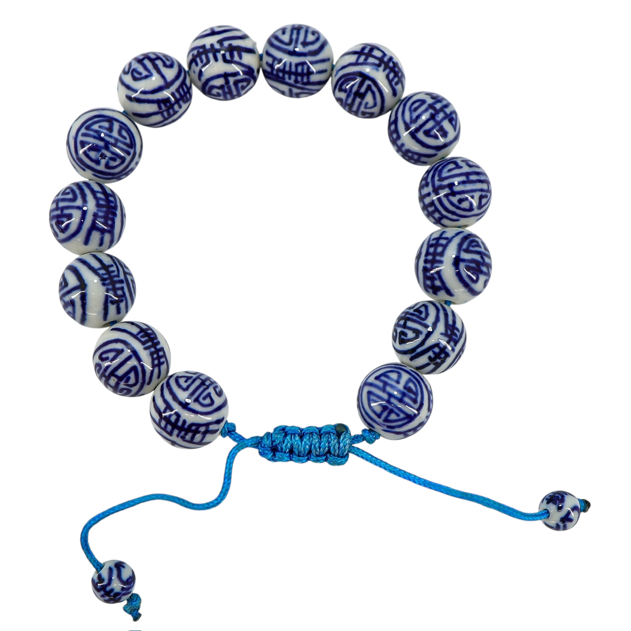 White & Blue Chinese Handpainted Porcelain Bead Bracelet, 12mm - Stylized Longevity Symbol image 7