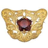Antique Art Nouveau Gold Wash Brooch with Large Amber Glass Stone – Rare collectible vintage item 