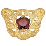 Antique Art Nouveau Gold Wash Brooch with Large Amber Glass Stone – Rare collectible vintage item 