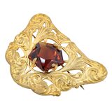 Antique Art Nouveau Gold Wash Brooch with Large Amber Glass Stone – Rare collectible vintage item 
