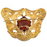 Antique Art Nouveau Gold Wash Brooch with Large Amber Glass Stone – Rare collectible vintage item 