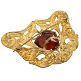 Antique Art Nouveau Gold Wash Brooch with Large Amber Glass Stone – Rare collectible vintage item 