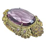 Vintage 1930s Art Deco Brass & Amethyst Glass Brooch - Intense UV Green Manganese Glow – Rare Vintage Item