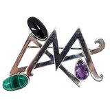 Vintage Mexican Sterling Silver Modernist Brooch Malachite Amethyst Onyx 27g – Vintage item