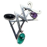 Vintage Mexican Sterling Silver Modernist Brooch Malachite Amethyst Onyx 27g – Vintage item