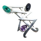 Vintage Mexican Sterling Silver Modernist Brooch Malachite Amethyst Onyx 27g – Vintage item