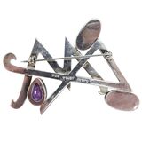 Vintage Mexican Sterling Silver Modernist Brooch Malachite Amethyst Onyx 27g – Vintage item
