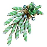 Vintage MCM Green Striped Glass Rhinestone Brooch – Large Floral Spray 2 7/8” – Vintage item
