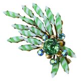 Vintage MCM Green Striped Glass Rhinestone Brooch – Large Floral Spray 2 7/8” – Vintage item