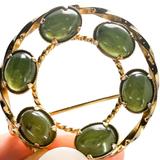 Vintage Mid Century Nephrite Jade Cabochons Gold Filled Brooch Signed Dixelle – Rare collectible vintage item 