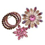 Vintage Pink Rhinestone Flower Brooch Lot Of 3 Mid Century Gold Tone 1–1.5” – Collectible vintage item