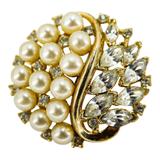 Crown Trifari Patent Pending Round Brooch - Faux Pearl And Clear Rhinestones 1.25” – Collectible vintage designer item