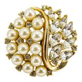 Crown Trifari Patent Pending Round Brooch - Faux Pearl And Clear Rhinestones 1.25” – Collectible vintage designer item